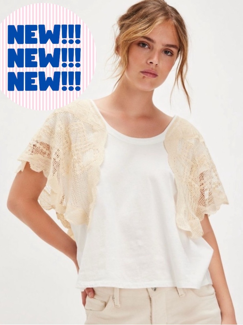 Free People Evangeline Tee White and Cream Lace Overlay Top Sold Out Large NWT